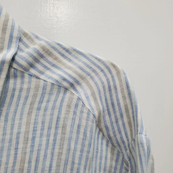 Robert Comstock Men's Luxury Blue White Stripe 100% Linen Button‎ Dress Shirt L - Picture 2 of 5